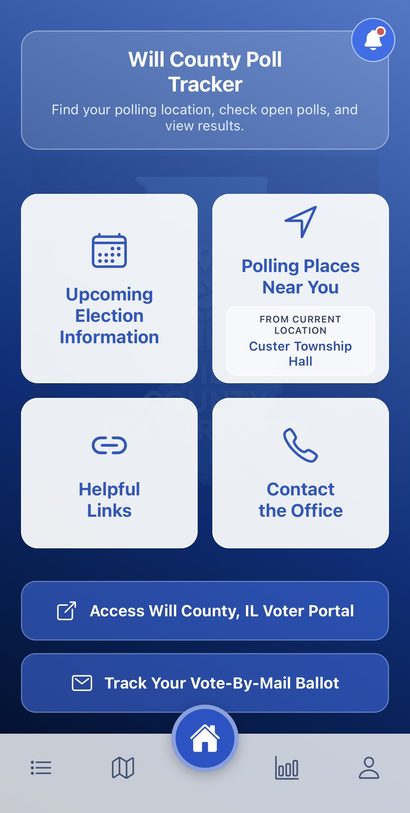 Will County IL elections app home screen with polling places, voter registration, and ballot tracking